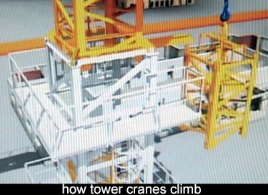 cartoon showing how tower crane is assembled and climbs